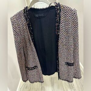 Zara Tweed Blazer with Fringe Trim & Stud Detail, Size L